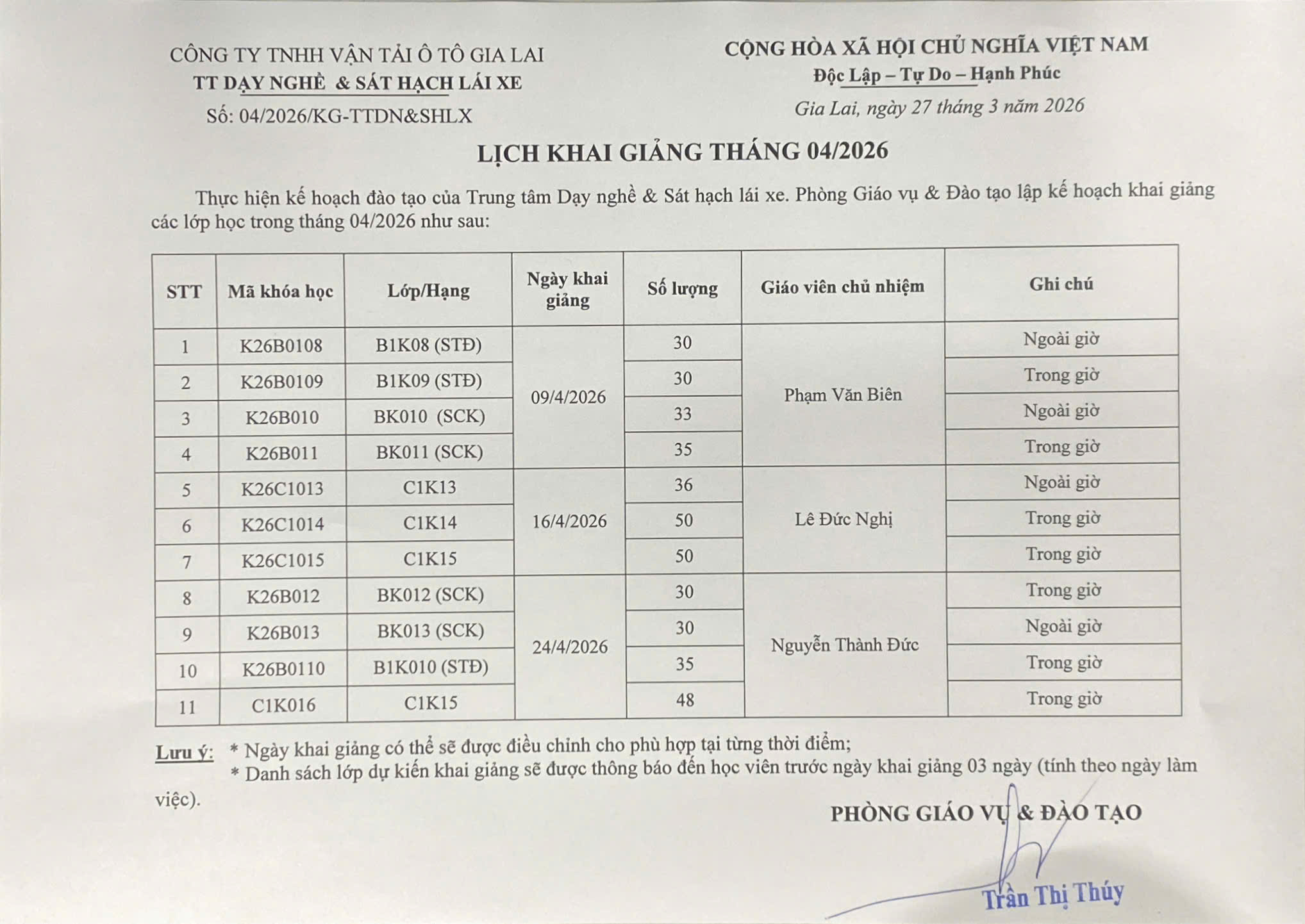 lịch khai giang thang 4